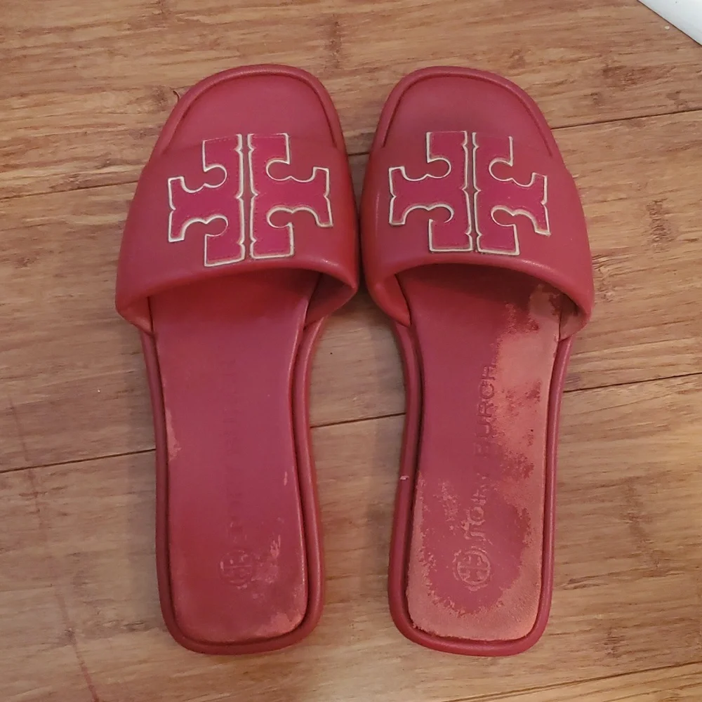 Tory Burch Red Slide Sandals with Gold Logo